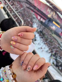 went to the eras tour and never got so many compliments about my nails like that before😍😍😍🌸👍🏻 Taylor Swift Eras Tour Nails Ideas, Nail Inspiration Taylor Swift, Nail Inspo Eras Tour, Taylor Swift Nail Inspo Eras, Simple Eras Tour Nails, Eras Tour Manicure, Eras Tour Nail Art, Short Eras Tour Nails, Eras Tour Nails With Tortured Poets