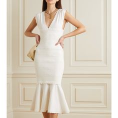 Bought For My Wedding And Never Ended Up Wearing! Nwt Victoria Beckham Scalloped Stretch Knit Dress Size Xs White V-neck Midi Dress For Wedding, Luxury White Midi Dress For Wedding, Luxury White Midi Wedding Dress, Luxury White Midi Length Dresses, Luxury White Formal Midi Dress, Luxury Fitted White Dress, Luxury White Midi Dress, Elegant White V-neck Dress, Elegant Off-white Knee-length Midi Dress