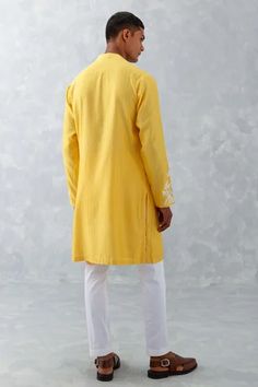 Shop for Devnaagri Yellow Woven Chanderi Placement Embroidered Kurta With Pant for Men Online at Aza Fashions Full Sleeve Kurta, Chain Embroidery, Embroidery Kurta, Placement Embroidery, Mango Yellow, Flower Chain, Flower Lace, Kurta With Pants, Lace Embroidery