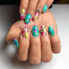 Nail Designs 80s, Lisa Frank Inspired Acrylic Nails, 90s Cup Nails, Neon 80s Nails, Mtv Nails