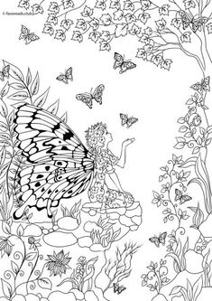 an adult coloring page with butterflies and flowers