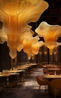 a large dining room filled with lots of tables covered in yellow cloths hanging from the ceiling