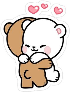 a sticker with a teddy bear hugging it's face and hearts floating above