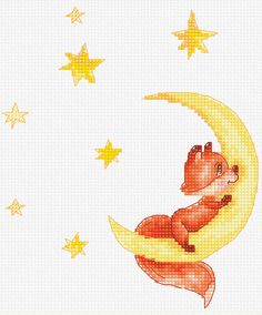 a cross stitch pattern of a fox sitting on the moon with stars in the background