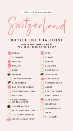 a pink and white checklist with the words, swifferland bucket list challenge