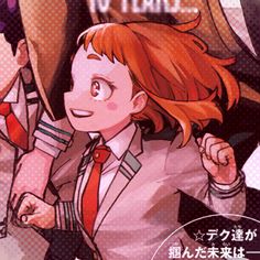 an anime character with red hair wearing a suit and tie, standing in front of a poster