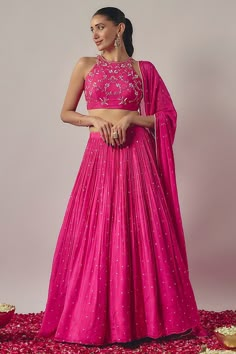 Fuchsia Pink Chinon Lehenga Set Design by WILDFLOWER BY KRISHNA at Pernia's Pop Up Shop 2024 Lehenga Simple, Tiered Lehenga, Sleeveless Blouse Designs, Sangeet Outfit, Crop Top Lehenga, Simple Lehenga, Mehendi Outfits, Lehenga Designs Simple, Lehenga Blouse Designs