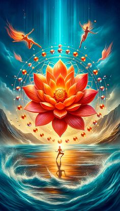 This striking image explores the sacral chakra's fluid energy, depicted as a radiant lotus in the dance of light and water. It symbolizes the sacral's role in emotional balance and creativity, as figures bathed in golden hues move with grace. The vibrant orange petals represent passion and vitality, central themes of the sacral chakra, set against the backdrop of cascading waves and the calm of the mountains, illustrating the essence of life's ebb and flow. Chakra Awakening, The Sacral Chakra, Ebb And Flow, The Calm, Sacral Chakra, Water Lighting, Vibrant Orange, The Dance, The Mountain