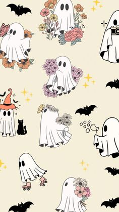 halloween ghost wallpaper with flowers and bats