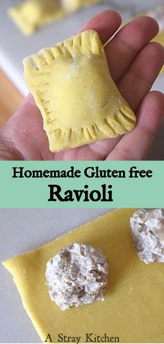 homemade gluten free ravioli recipe is shown in two different pictures with the words, homemade gluten free ravioli