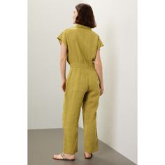 Green linen (100% Linen). Jumpsuit. Cap sleeves. Collared. Front button closure. 17" from shoulder to hemline. 27" inseam. 14" rise. Imported. Green Linen Casual Jumpsuits And Rompers, Casual Green Linen Jumpsuits And Rompers, Linen Jumpsuits And Rompers With Pockets For Work, Relaxed Fit Linen Short-sleeved Jumpsuit, Relaxed Fit Linen Jumpsuit With Short Sleeves, Relaxed Fit Linen Jumpsuits And Rompers With Short Sleeves, Spring Linen Jumpsuits And Rompers For Work, Fitted Linen Jumpsuits And Rompers With Pockets, Spring Fitted Linen Jumpsuits And Rompers