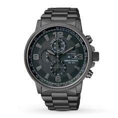 This chronograph timepiece for him showcases a stylish black ion-plated stainless steel case and bracelet. The round black dial includes a date window. Protected by a mineral crystal. Features Eco-Drive technology, powered by light, so it never needs a battery. Water-resistant to 200 meters. From the Nighthawk collection. Blackout Aesthetic, Fastrack Watches, Mens Watches Minimalist, Mens Watches Classy, Mens Watches Expensive, Watches For Men Unique, Breitling Watches Mens, Mens Watches Citizen, Fossil Watches For Men