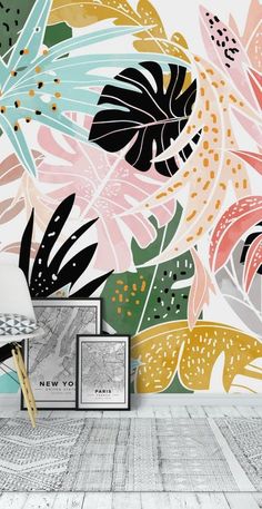 an artistic wallpaper with tropical leaves and flowers