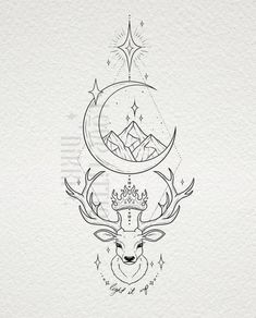 a drawing of a deer with the moon and stars on it's head, surrounded by