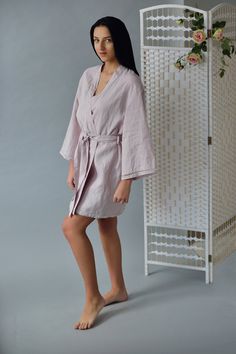 "Luxury Night Robe with handmade look linen laces at sleeves bottom and bottom. Robe made in organic, certified with OEKO -TEX standard 100 linen. Gown with flared sleeves. Night gown center back length - 90cm (35.5\" ). On picture model of size S , 5'8\" high, wears robe in size XS-S, dusty rose color linen. Item qualite - washed and softened, it means should not shrink after other washings. For this item I recommend delicate handwash machine program use gentle detergents and bleachers, do not Spring Linen Sleep Robe, Linen Robe For Daywear, Linen Sleep Robe, Linen Gown, Honeymoon Lingerie, Linen Pajamas, Dusty Rose Color, Linen Short, Bleachers