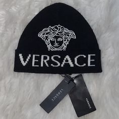 New Season Versace Beanie Hat With Medusa Head Design Size L Comes With Tag Designer Winter Hats With Curved Brim, Designer Black Winter Hat, Designer Beanie For Winter, White Winter Hat With Embroidered Logo, Kids Baseball Caps, Versace Kids, Versace Logo, Versace Accessories, Medusa Head