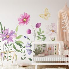 Colorful Wildflowers Watercolor Wall Mural Nursery Flower Mural, Butterfly Mural Wall Painting, Wildflower Bedroom Kids Rooms, Flower Mural Bedroom, Baby Girl Nursery Mural, Girl Nursery Mural, Wildflower Nursery Theme, Wildflower Mural, Fairy Nursery