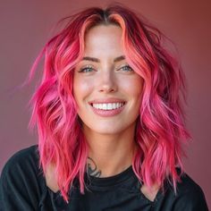 Rooty Pink Hair, Sunset Hair Color Short Bob, Short Fun Hair Color, What To Wear With Pink Hair, Fun Hair Colours, Electric Pink Hair, Vivid Hair Color Ideas Short, Vivid Pink Hair, Hot Roots Hair Color