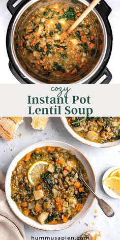 an image of instant pot lentil soup with lemons and spinach in it