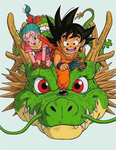 cartoon characters riding on the head of a dragon