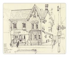 a drawing of a house on a street corner with a person walking by the building