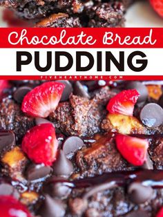 Grab some stale French bread for this Valentine's Day dessert recipe! It's the BEST bread pudding that's infused with chocolate custard. Drizzed with raspberry sauce, this chocolate bread pudding is a decadent Valentine's Day food idea!