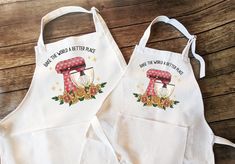 two white aprons with the words save the world, better place and mixer on them