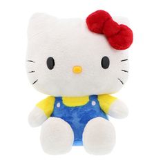 a hello kitty stuffed animal with a red bow on it's head and blue overalls