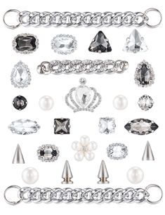 a bunch of different types of jewelry on a white background, including pearls and diamonds