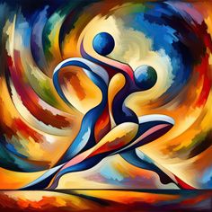 an abstract painting of two people holding hands in front of a colorful swirly background