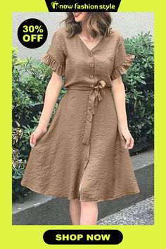 Casual Simplicity Solid Frenulum Buckle Flounce V Neck A Line Dresses Brown Dresses For Spring, Brown Solid Color Dress For Spring, Brown Solid Color Spring Dress, Spring Brown Solid Color Dress, Brown Solid Color Midi Dress For Spring, Vintage Spring Dresses In Solid Color, Brown Midi Dress For Spring, Outfits Primavera, Outfit Primavera