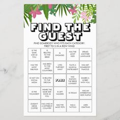 a printable game with the words find the guest in black and white, surrounded by tropical leaves