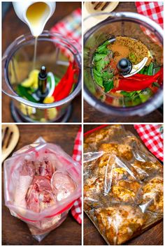 four pictures showing different ingredients in a blender, including meats, and vegetables