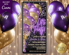 purple and gold birthday party with balloons