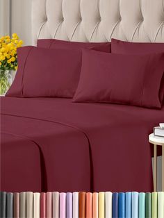 an image of a bed with red sheets and pillowcases in different color options