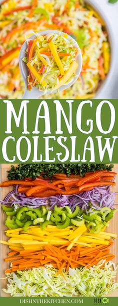 an image of mango coleslaw in a casserole dish with the title above it