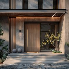 an entrance to a modern building with wooden doors