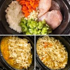 four pictures show how to make chicken noodle soup in the crock pot and then put it in the slow cooker