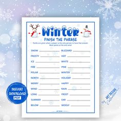 a printable snowflake game with the words winter and reindeers on it