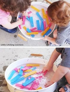 two pictures of children playing with water and plastic letters in an ice cream tub, one is