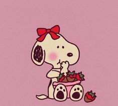 a cartoon dog with a bow on its head eating some food from a bowl that has strawberries in it