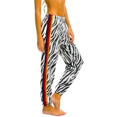 Zebra Sweatpants With Rarely Seen Velvet Stripes Down Both Legs. So Cute, Super Soft And Oh So Stylish. Trendy White Tapered Leg Pants, White Sweatpants For Summer, White Fitted Sweatpants, Chic High-waisted White Sweatpants, Trendy High Waist White Sweatpants, White Fitted High Waist Sweatpants, White Stretch Trendy Sweatpants, Trendy White Stretch Sweatpants, White High Waist Fitted Sweatpants