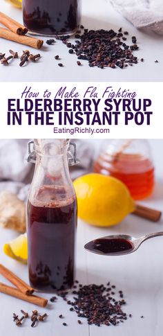 an image of elderberry syrup in the instant pot with lemons and spices around it