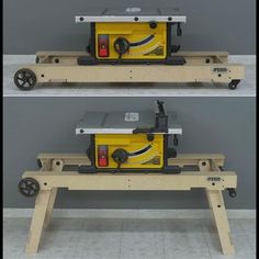 two views of a workbench with wheels on each side and a table saw attached to it