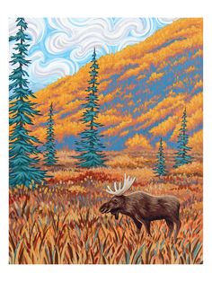 a painting of a moose in the middle of a field