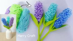 crochet flowers and yarn are displayed on a wall with the words merry craft above them