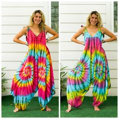 "Comfortable Tie Dye Hippie Jumpsuits Rompers Pants, Hippie Dress, Wide Legs Jumpsuits, Festival Clothings, Summer Clothing, Harem Dress, Beach Wear  * One-of-a-kind Hand Dyed Rompers * Fabric: 100% Soft and Breathable Premium Rayon * Adjustable Shoulders Ties * Boho / Hippie / Festival /Beach/ Tropical / Fancy / Photoshoot / UniqueTheme * Jumpsuit Length: 50\" * Straps Length: 19\" * Bust up to 65\" * Hip : Free  * Hand Dyed Method * The back is identical to front pattern * Flowy Open legs * On Bohemian Cotton Jumpsuits And Rompers For Spring, Bohemian Sleeveless Jumpsuits And Rompers For Loungewear, Bohemian Multicolor Jumpsuits And Rompers For Spring, Bohemian Cotton Jumpsuit For Vacation, Cotton Jumpsuits And Rompers For Summer Festivals, Bohemian Cotton Jumpsuits And Rompers For Vacation, Bohemian Jumpsuits And Rompers For Spring Festival, Multicolor Summer Jumpsuits And Rompers For Loungewear, Summer Multicolor Loungewear Jumpsuits And Rompers