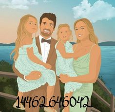 a man and two women are holding a baby while standing on a balcony overlooking the ocean