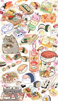 an assortment of sushi and other food items