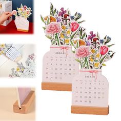 two calendars with flowers in them are next to each other and one is holding a card